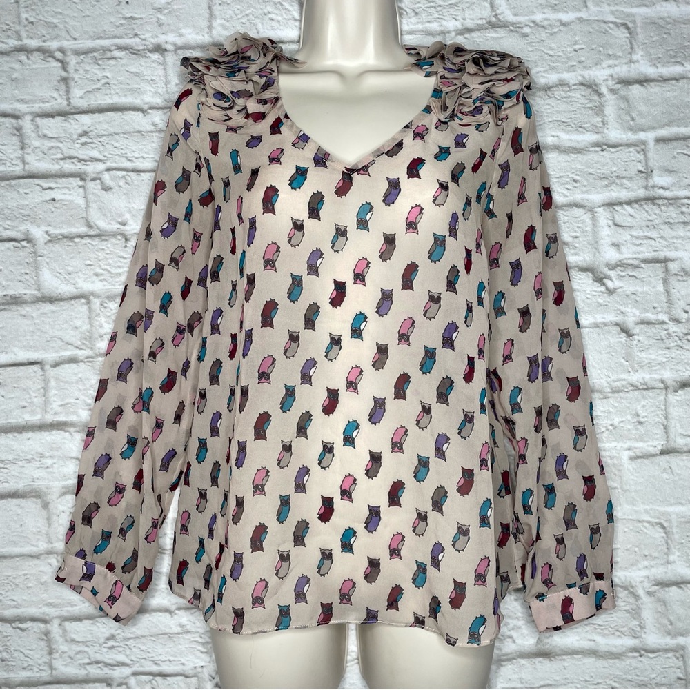 Karlie Owl Print Sheer Blouse Women’s S Pink Long Sleeve V-Neck Flutter Shoulder